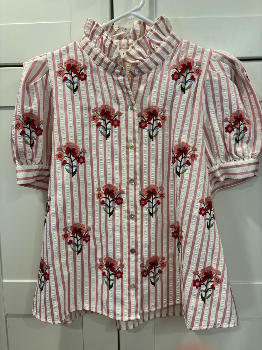 entro Pink & White Striped Embroidered Ruffle-Collar Button Down